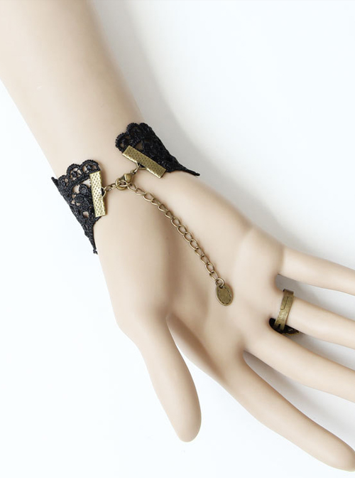 Black Lace Red Gems Lolita Wrist Strap And Ring