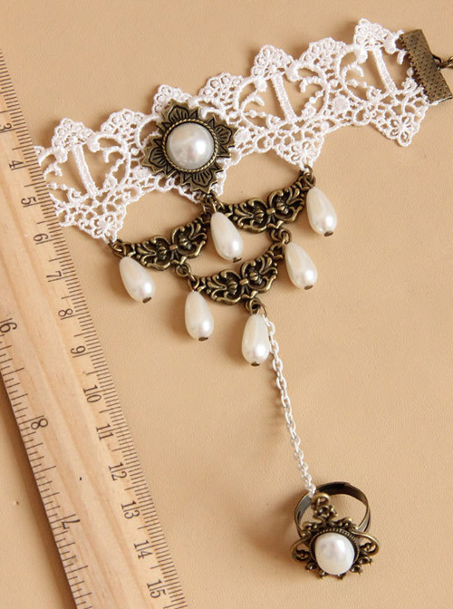 Bride White Lace And Pearl Pendant Lolita Wrist Strap And Ring