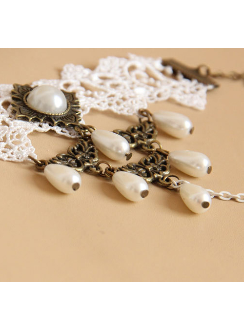 Bride White Lace And Pearl Pendant Lolita Wrist Strap And Ring