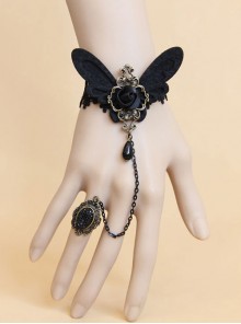 Black Lace Butterfly Gothic Lolita Wrist Strap And Ring