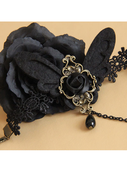 Black Lace Butterfly Gothic Lolita Wrist Strap And Ring