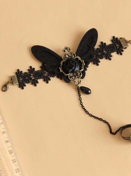 Black Lace Butterfly Gothic Lolita Wrist Strap And Ring