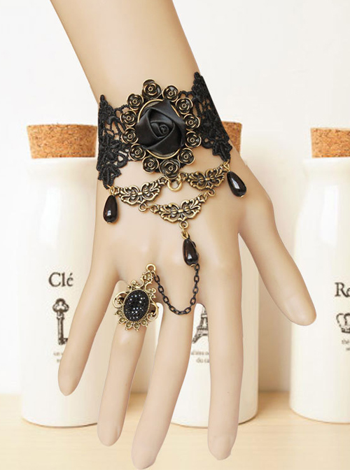 Black Lace And Rose Retro Lolita Bracelet And Ring