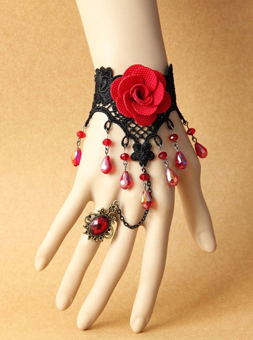 Sexy Black Lace Lady Red Rose Lolita Wrist Strap And Ring