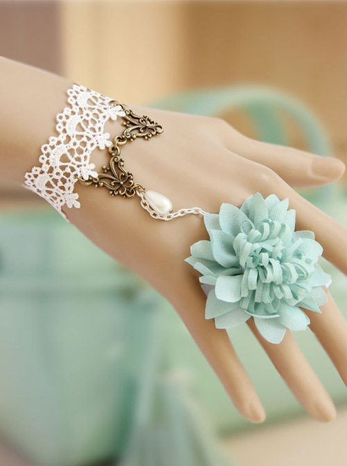 White Lace And Light Green Flower Lolita Wrist Strap And Ring