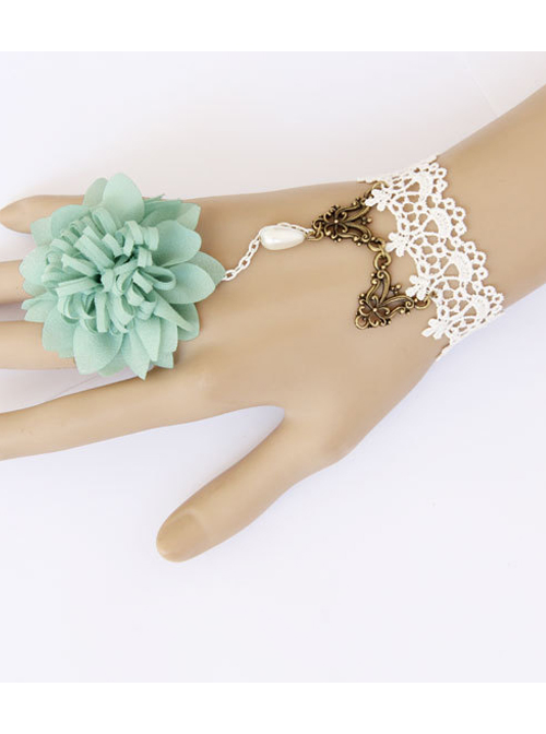 White Lace And Light Green Flower Lolita Wrist Strap And Ring