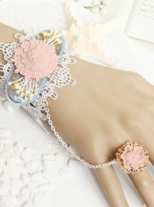 Elegant White Lace Pink Floral Lady Lolita Wrist Strap