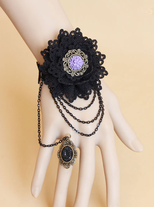 Black Lace Floral Girls Lolita Wrist Strap And Ring Suit