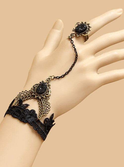 Gothic Black Lace Handmade Lolita Wrist Strap And Ring Suit