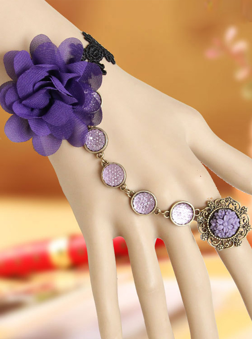 Retro Black Lace Purple Flower Lolita Bracelet And Ring Set