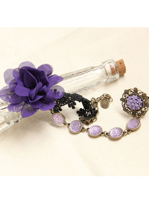 Retro Black Lace Purple Flower Lolita Bracelet And Ring Set