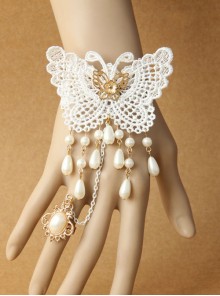 Concise White Lace Butterfly Lolita Bracelet And Ring Set