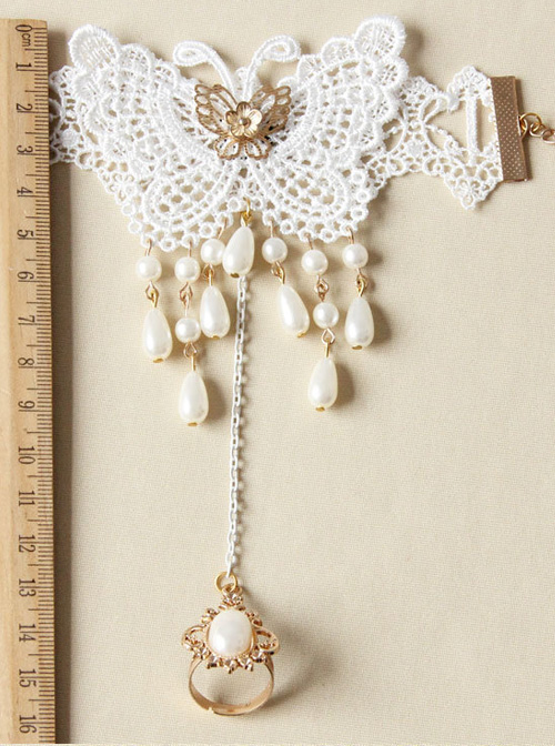Concise White Lace Butterfly Lolita Bracelet And Ring Set