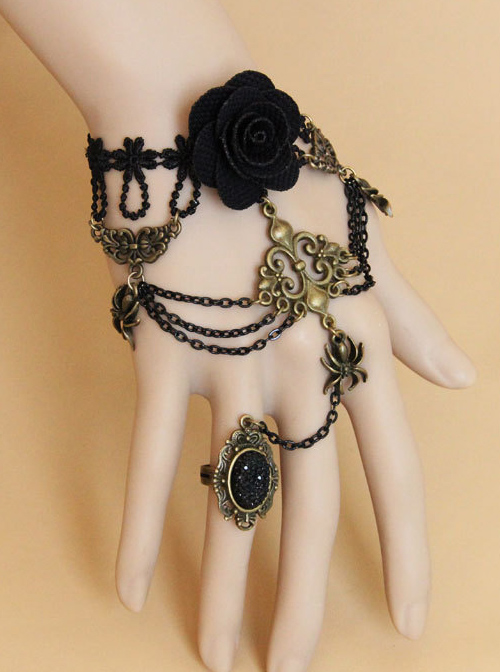 Gothic Black Spider Lace Lolita Bracelet And Ring Set