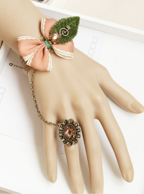 Tree Leaf Pink Bowknot Lolita Wrist Strap And Ring Set