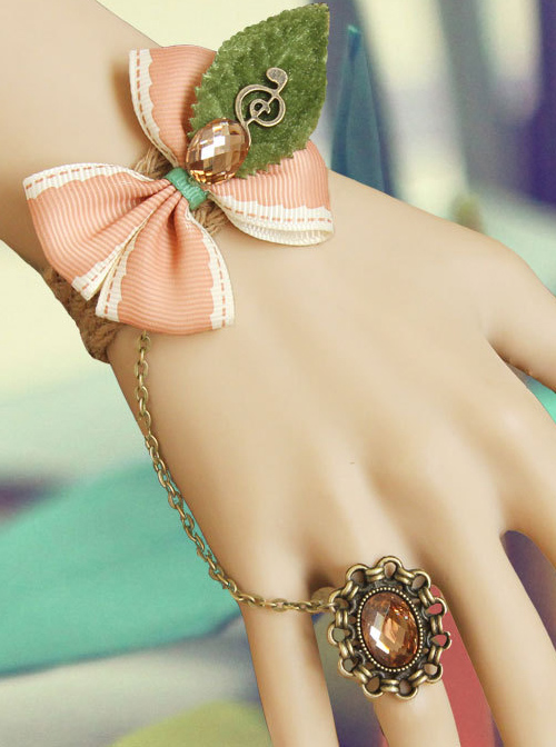 Tree Leaf Pink Bowknot Lolita Wrist Strap And Ring Set
