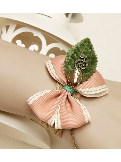 Tree Leaf Pink Bowknot Lolita Wrist Strap And Ring Set