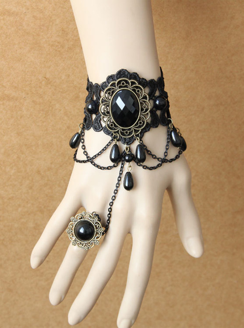Gorgeous Black Lace And Black Gem Lolita Wrist Strap And Ring