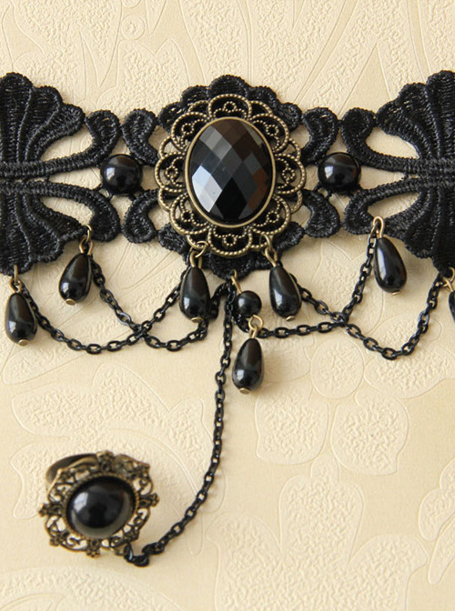 Gorgeous Black Lace And Black Gem Lolita Wrist Strap And Ring