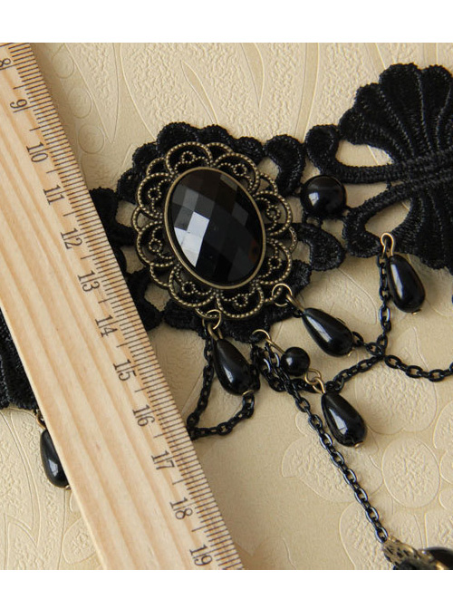 Gorgeous Black Lace And Black Gem Lolita Wrist Strap And Ring