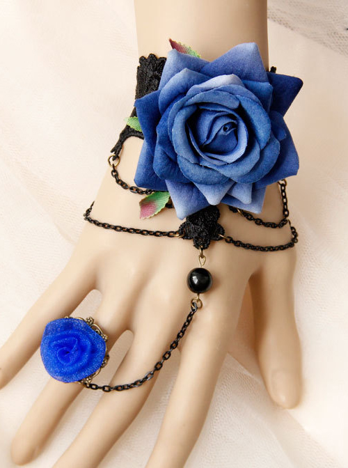 Elegant Blue Floral Girls Lolita Bracelet And Ring Set