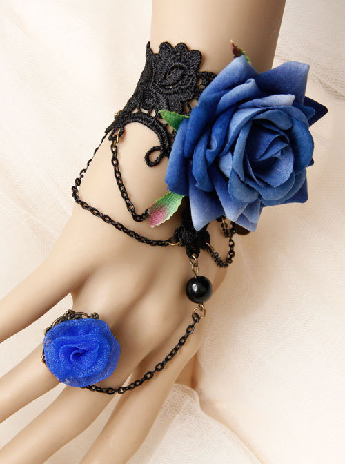 Elegant Blue Floral Girls Lolita Bracelet And Ring Set