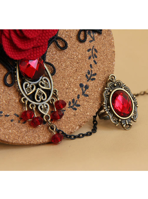 Concise Black Lace Red Flower Lolita Wrist Strap And Ring