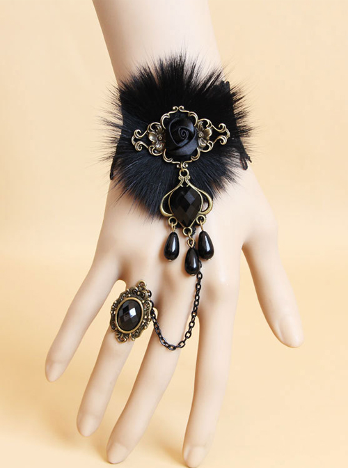 Dance Party Black Pearl Lace Pearl Lolita Wrist Strap And Ring