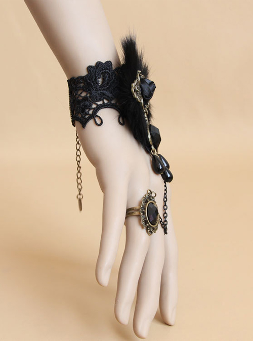 Dance Party Black Pearl Lace Pearl Lolita Wrist Strap And Ring