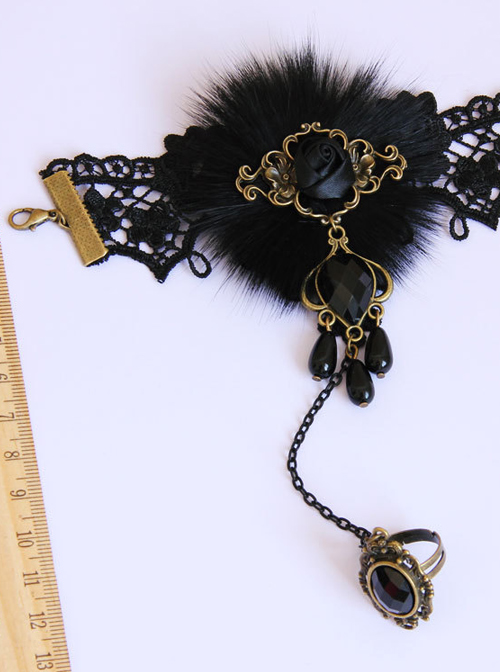 Dance Party Black Pearl Lace Pearl Lolita Wrist Strap And Ring