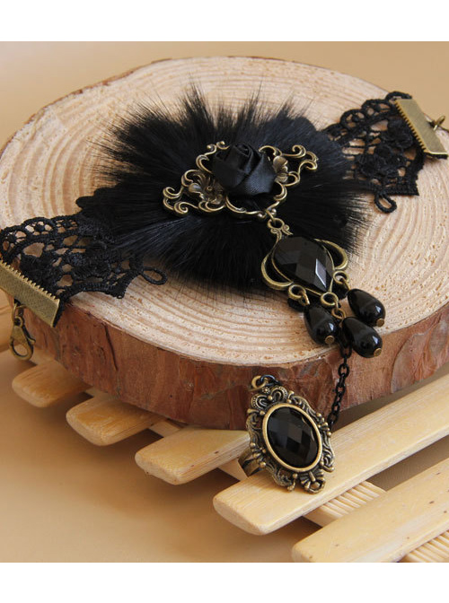 Dance Party Black Pearl Lace Pearl Lolita Wrist Strap And Ring