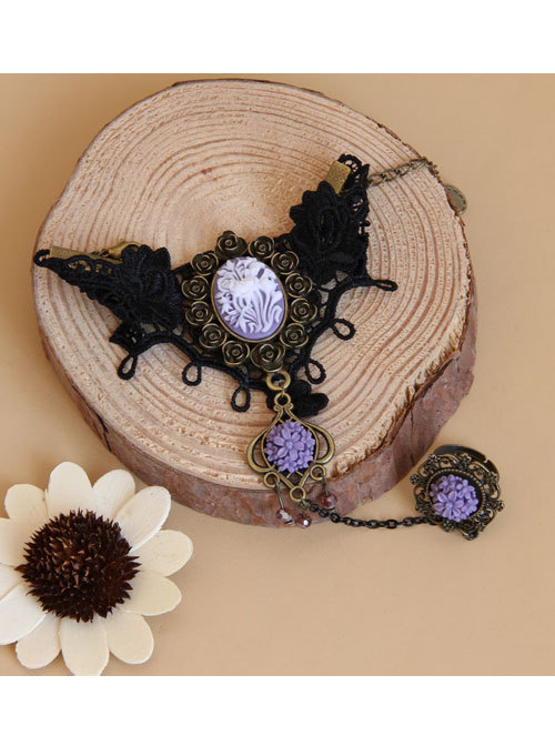 Black Lace Purple Gem And Flower Lolita Wrist Strap And Ring