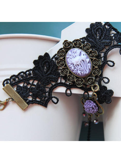 Black Lace Purple Gem And Flower Lolita Wrist Strap And Ring
