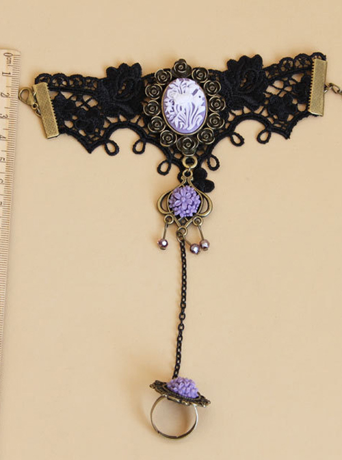 Black Lace Purple Gem And Flower Lolita Wrist Strap And Ring