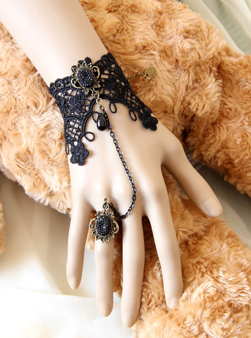Retro Black Lace Chain Little Girls Lolita Wrist Strap And Ring