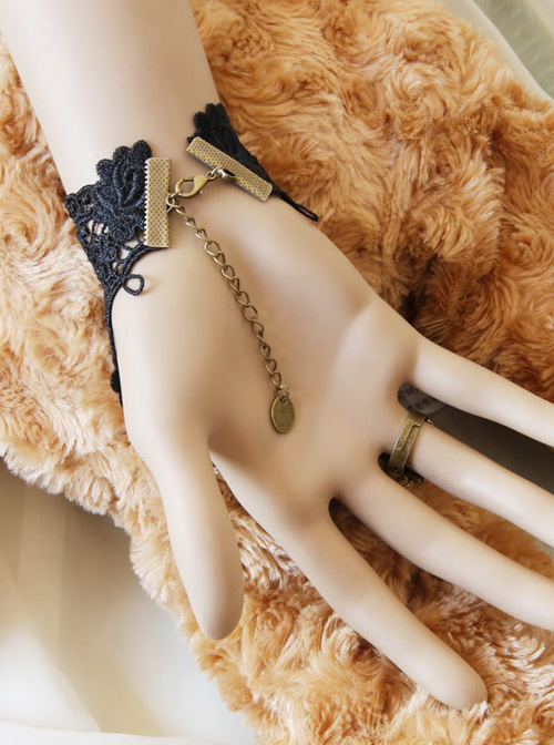 Retro Black Lace Chain Little Girls Lolita Wrist Strap And Ring