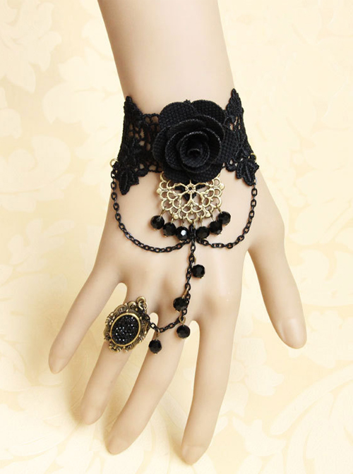 Fashion Black Vintage Rose Flower Crystal Lolita Wrist Strap And Ring