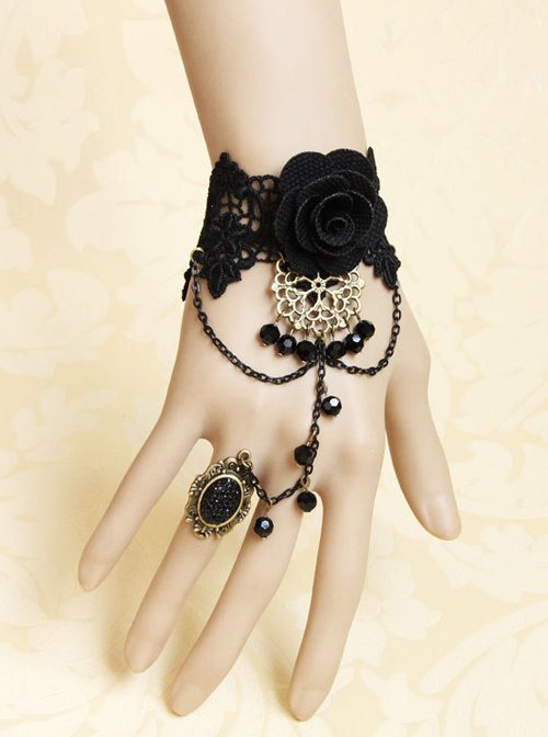 Fashion Black Vintage Rose Flower Crystal Lolita Wrist Strap And Ring