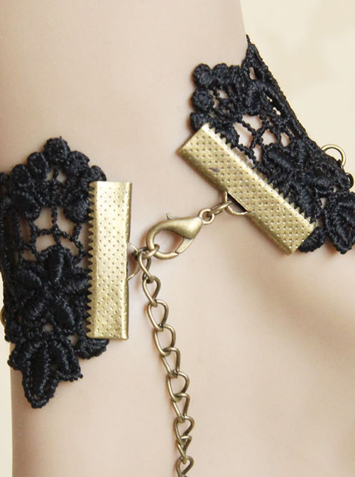 Fashion Black Vintage Rose Flower Crystal Lolita Wrist Strap And Ring