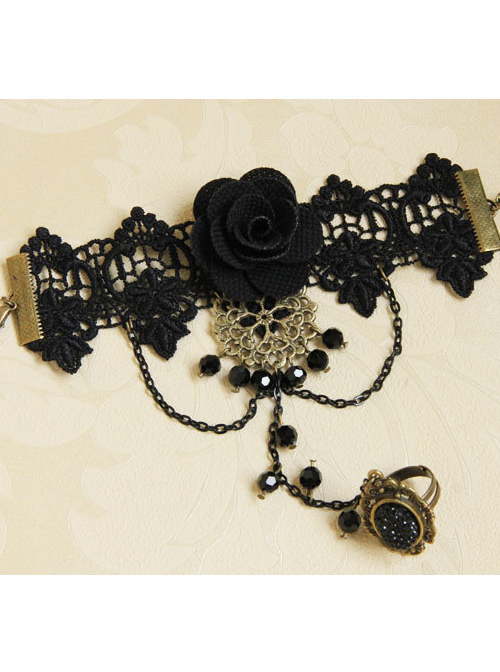 Fashion Black Vintage Rose Flower Crystal Lolita Wrist Strap And Ring