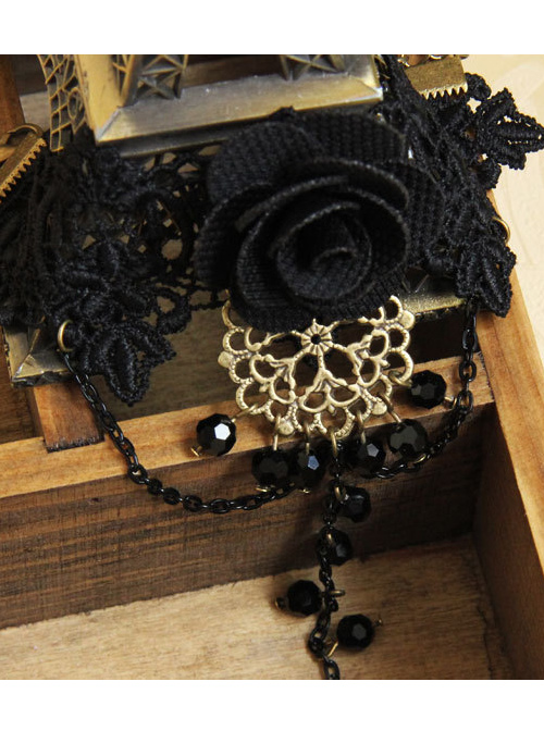 Fashion Black Vintage Rose Flower Crystal Lolita Wrist Strap And Ring