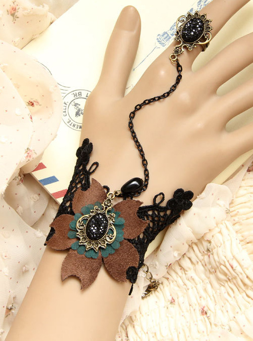 Concise Black Lace Fashion Lady Lolita Wrist Strap And Ring Set