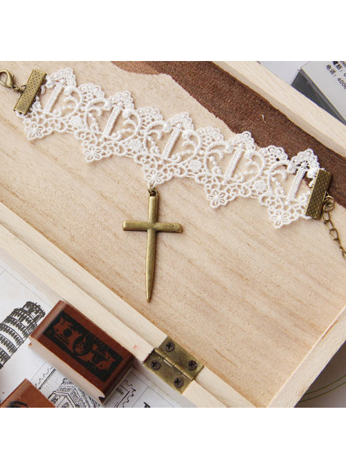 Cute White Lace Crucifix Pendant Lady Lolita Wrist Strap