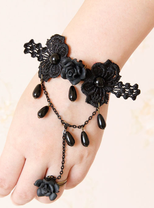 Concise Black Lace Girls Lolita Bracelet And Ring Set