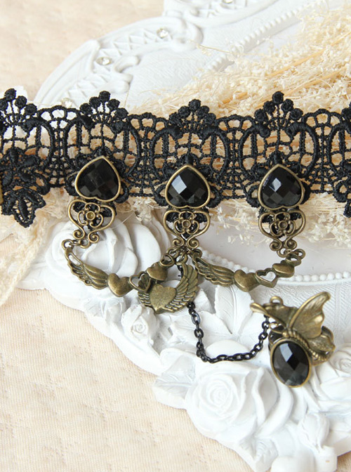 Black Lace Retro Punk Lolita Bracelet And Ring Set