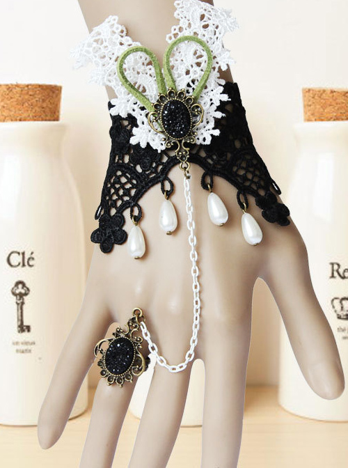 Black And White Lace Retro Dance Party Girls Lolita Bracelet And Ring Set