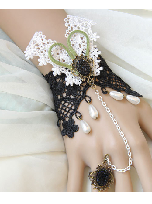 Black And White Lace Retro Dance Party Girls Lolita Bracelet And Ring Set