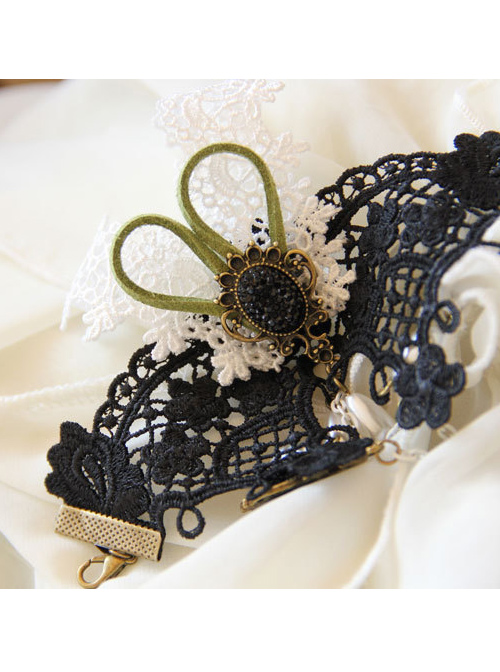 Black And White Lace Retro Dance Party Girls Lolita Bracelet And Ring Set