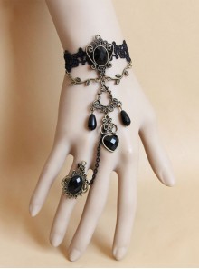 Sweet Black Lace Heart Pendant Girls Lolita Wrist Strap And Ring