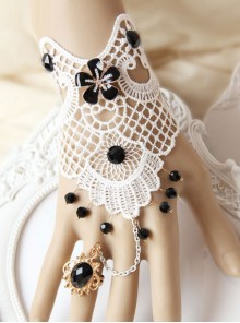 White Lace Black Bead Pendant Lolita Wrist Strap And Ring Set